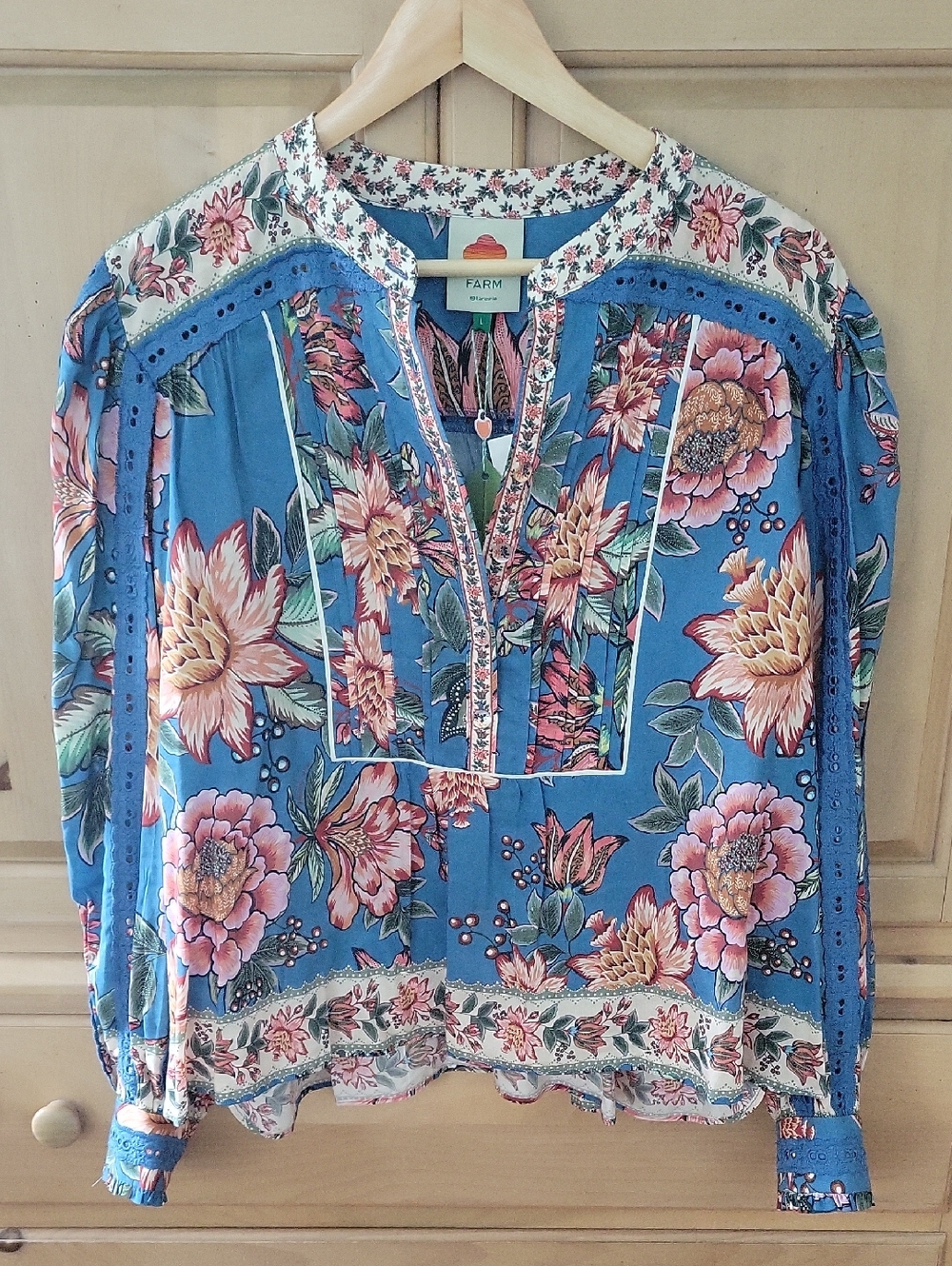 FARM Rio Blue Floral Peasant Blouse with Pink Blossom Print